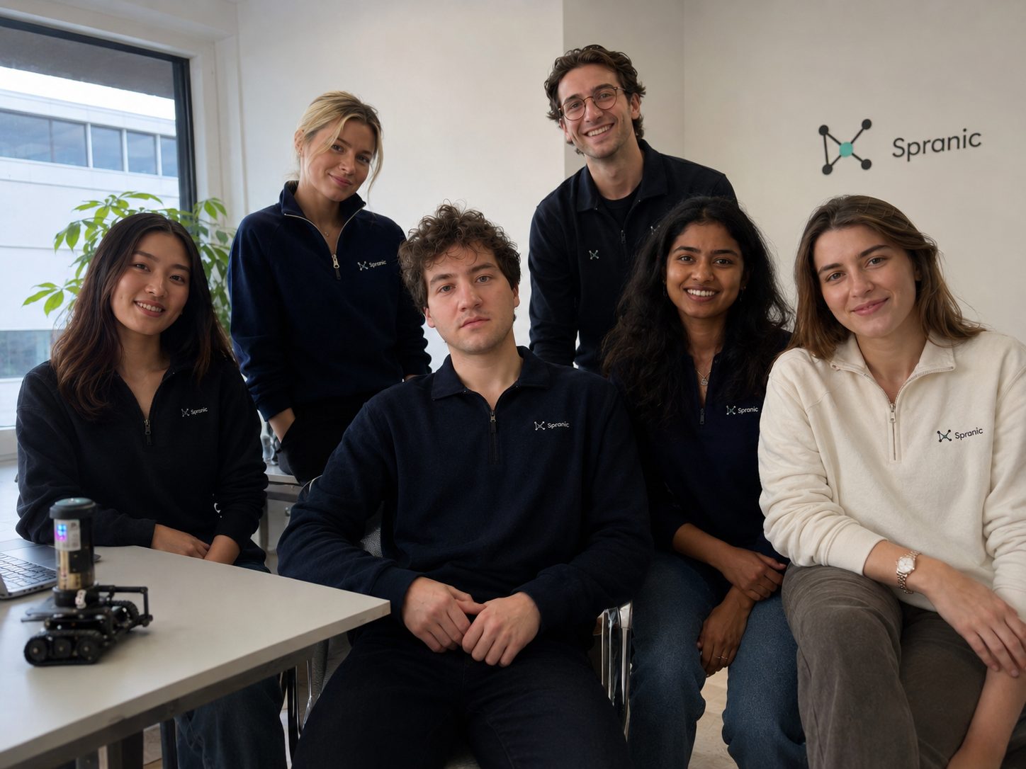 The Spranic team together in the Munich studio, with one of our tracked robots on the table.